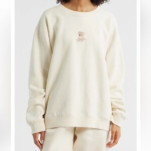 Happy Camp3r Camp3y Teddy Bear Embroidered Cream Crewneck Sweatshirt M NWT